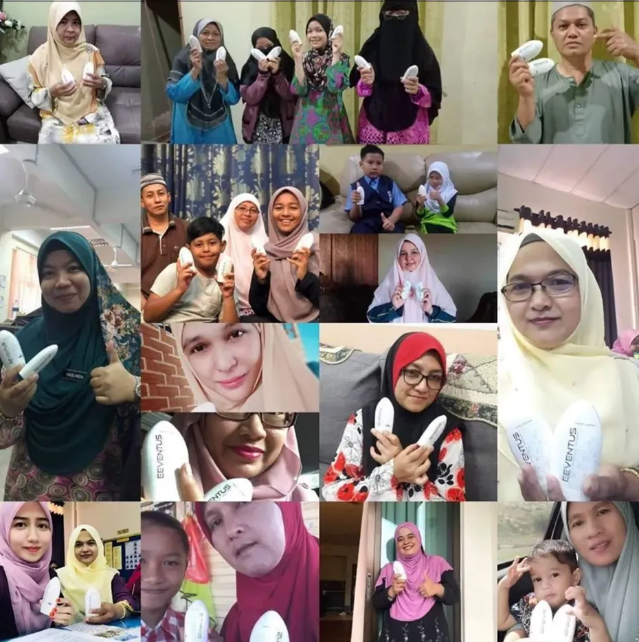 Kolaj gambar pelanggan Eeventus memegang produk bersama keluarga