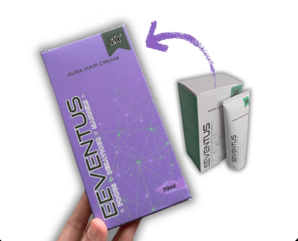 Perbandingan kotak ungu baharu dan kotak putih lama Eeventus Aura Hair Cream